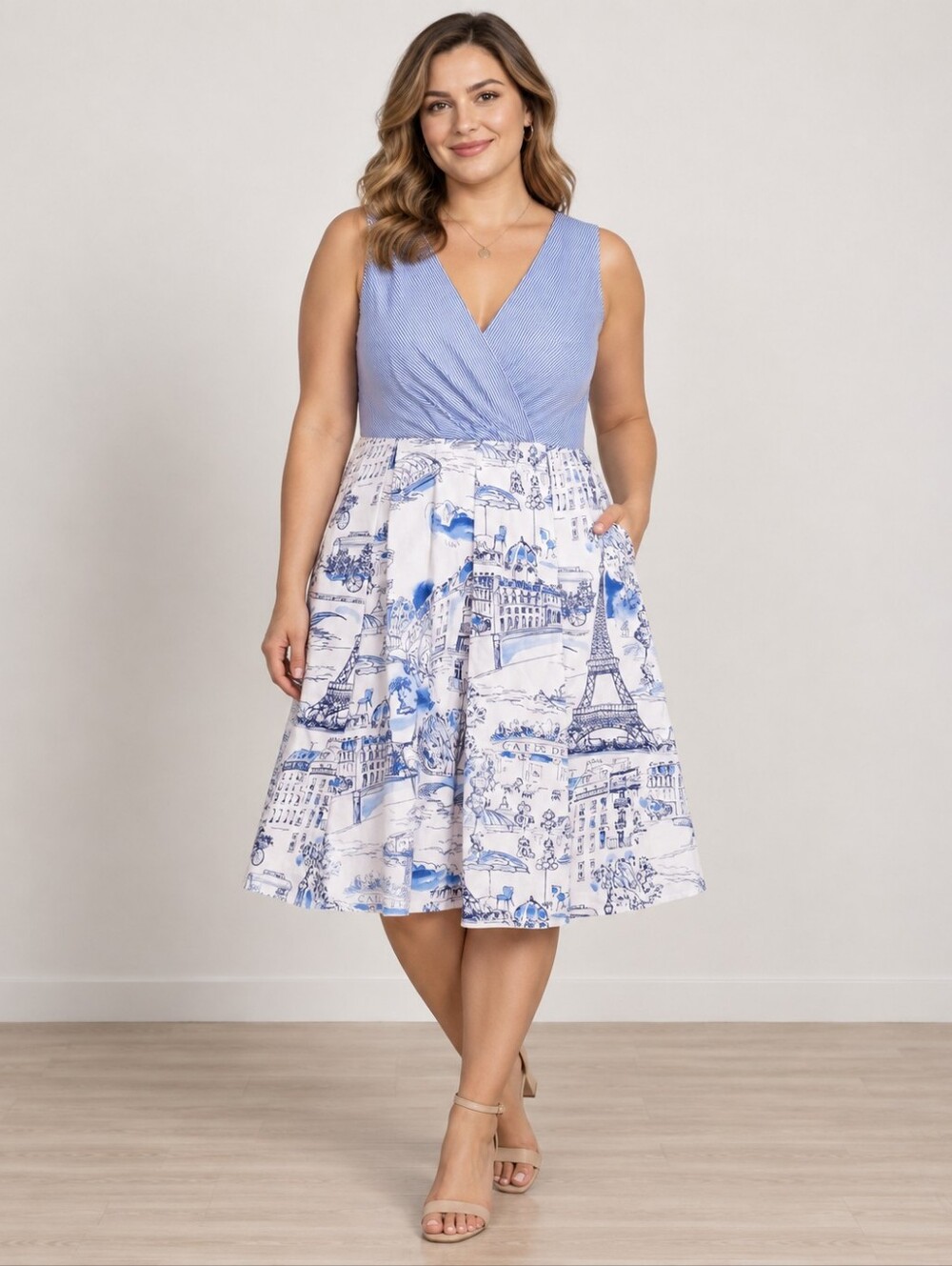 Chetta B Paris Toile Print Fit & Flare Dress Sleeveless Blue Striped Bodice